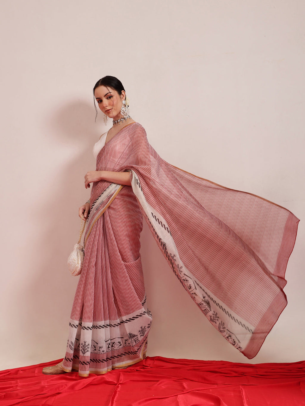 Maroon Chanderi Cotton Blend Striped Digital Print Saree