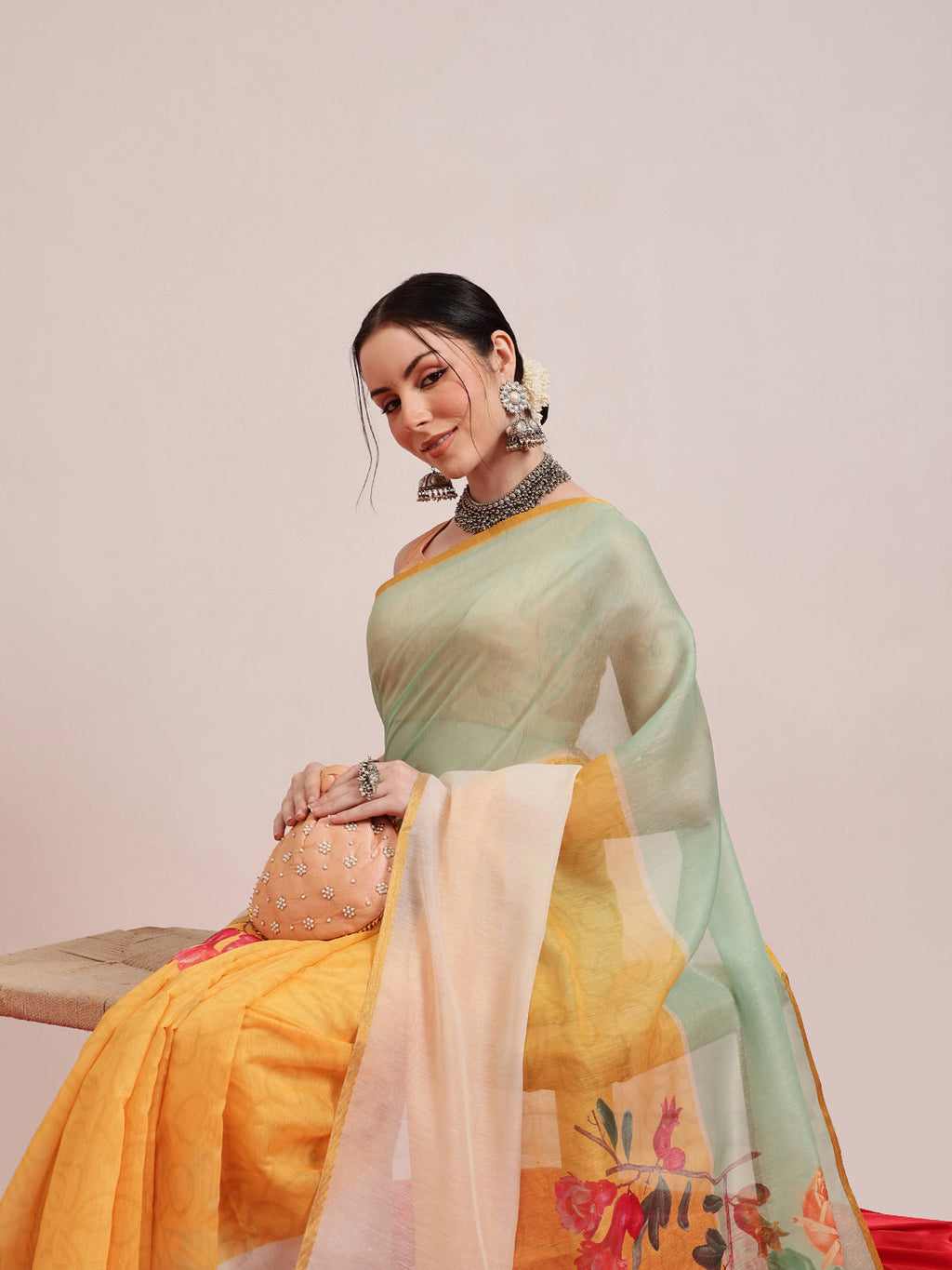 Yellow Chanderi Cotton Blend Saree with Fruits Digital Print