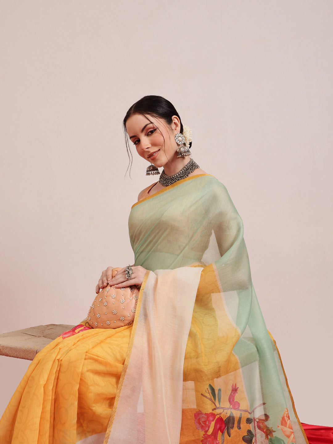 Yellow Chanderi Cotton Blend Saree with Fruits Digital Print