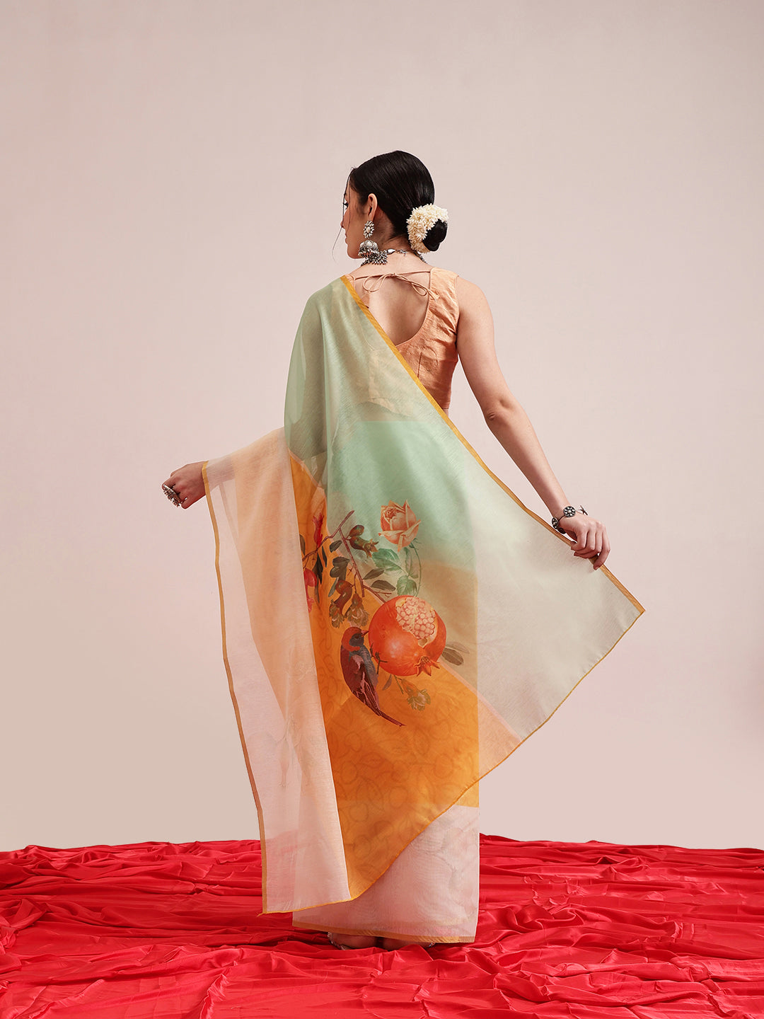 Yellow Chanderi Cotton Blend Saree with Fruits Digital Print
