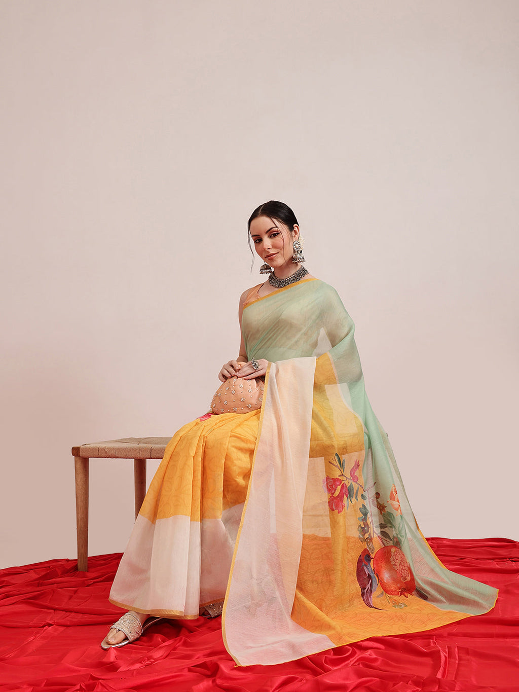 Yellow Chanderi Cotton Blend Saree with Fruits Digital Print