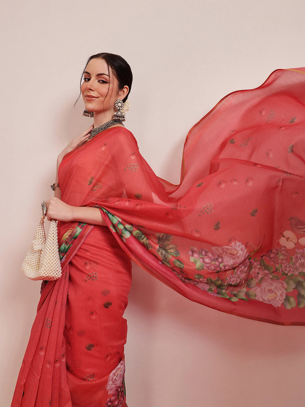 Red Chanderi Cotton Blend Saree with Fruit Print