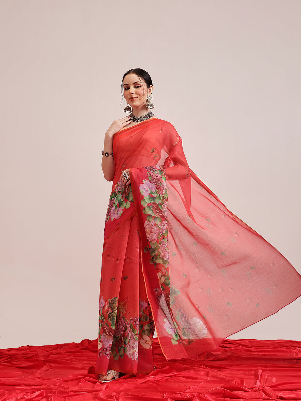 Red Chanderi Cotton Blend saree with playful fruit digital print