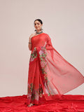 Red Chanderi Cotton Blend saree with playful fruit digital print