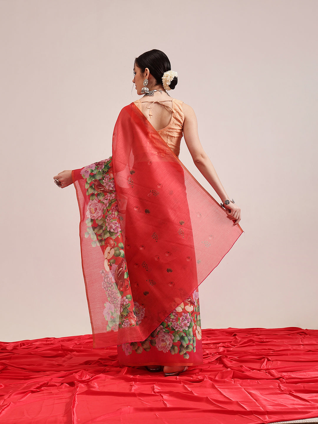 Red Chanderi Cotton Blend Saree with Fruit Print