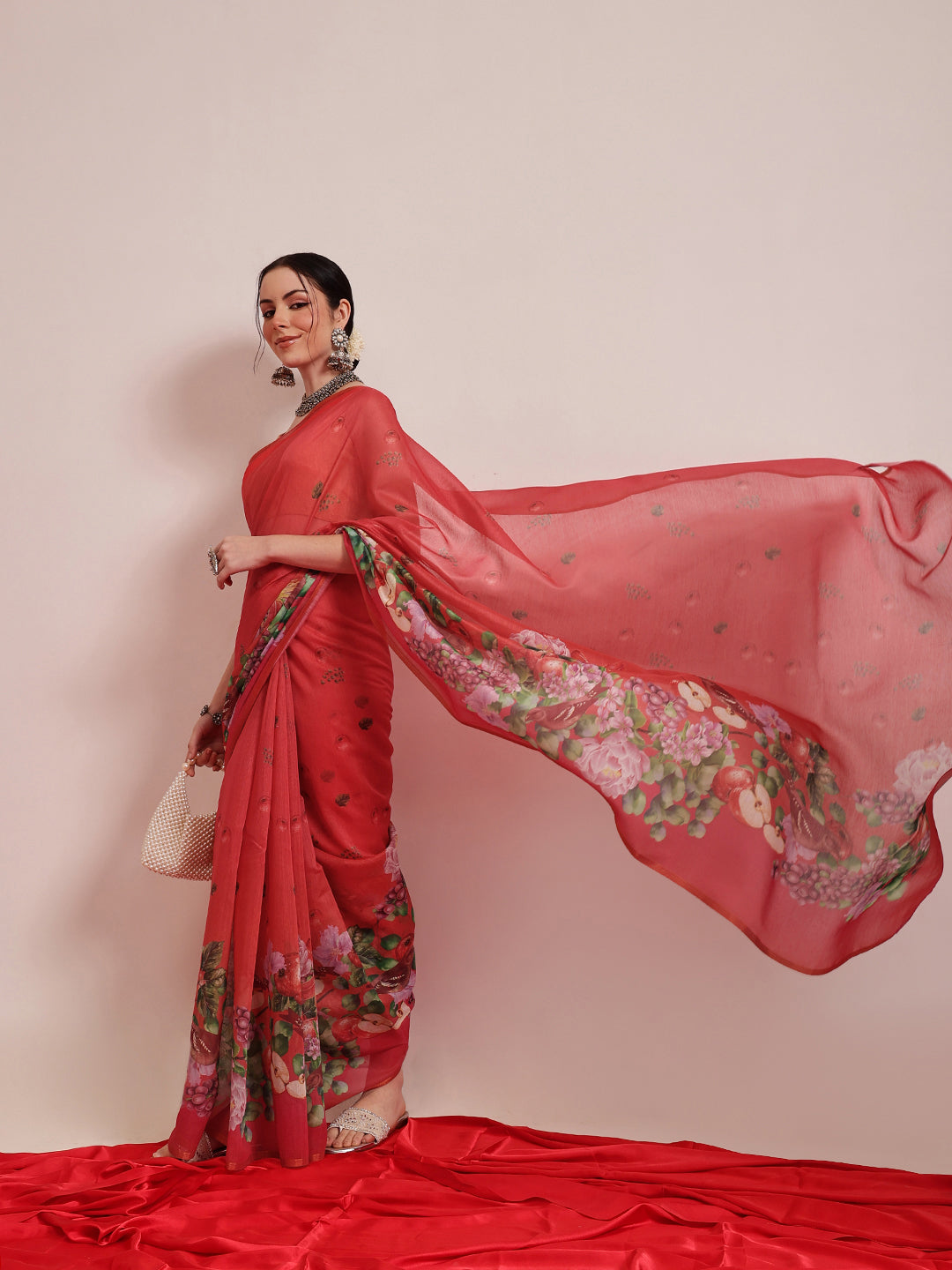 Red Chanderi Cotton Blend Saree with Fruit Print