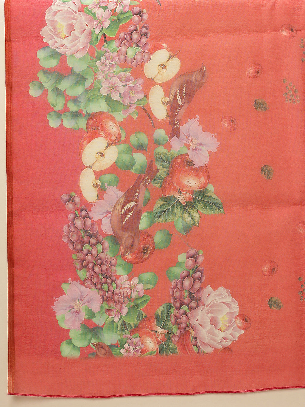Red Chanderi Cotton Blend Saree with Fruit Print