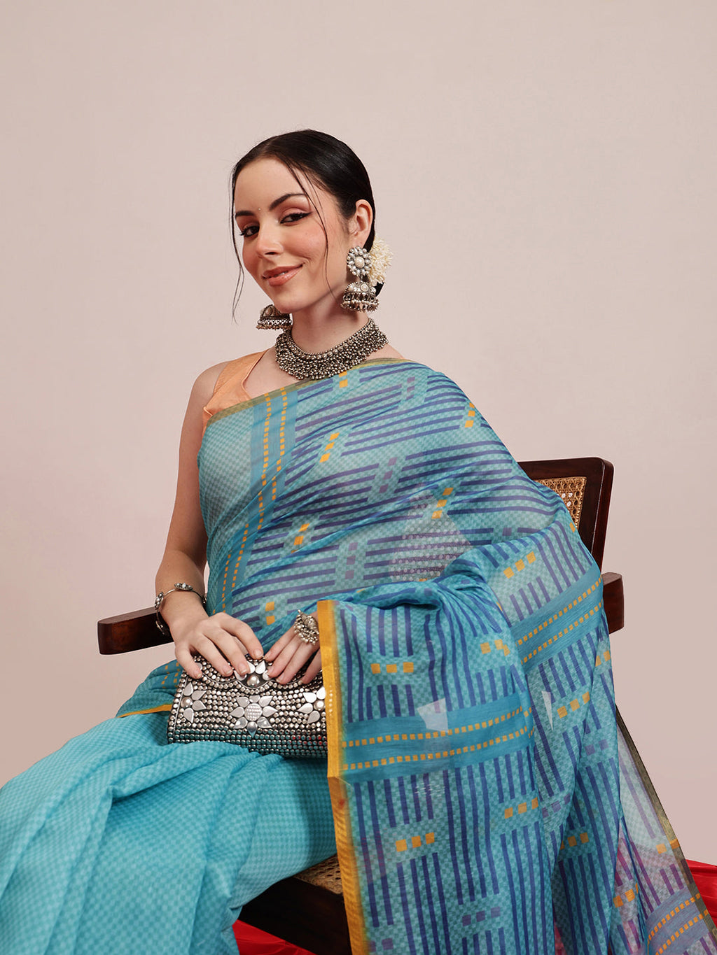 Teal Chanderi Cotton Blend Saree with Abstract Digital Print