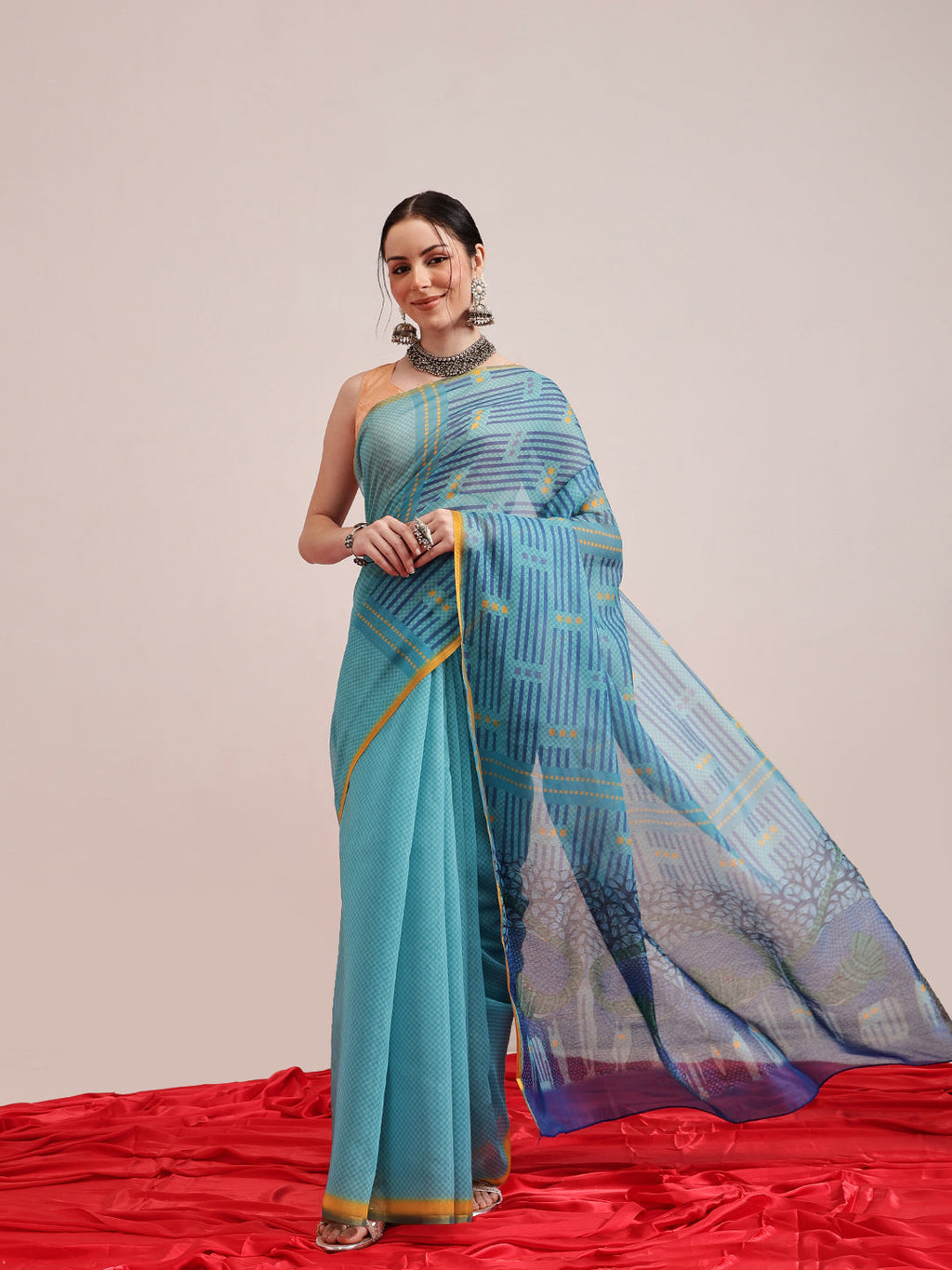 Teal Chanderi Cotton blend saree featuring a sophisticated abstract digital print