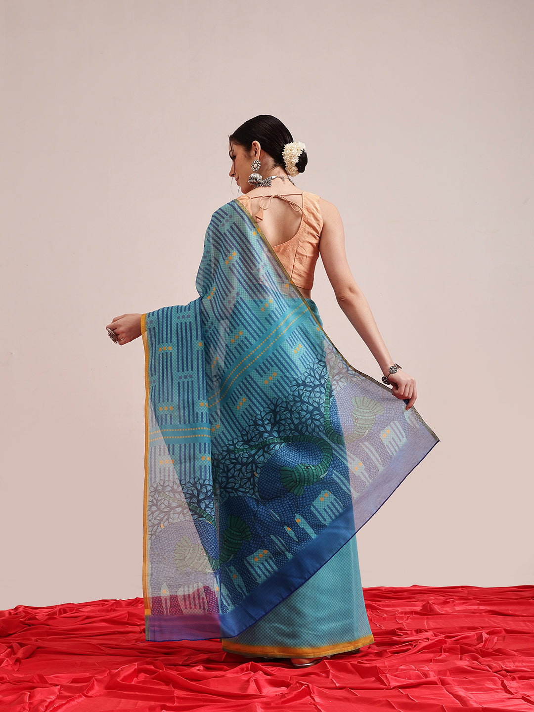 Teal Chanderi Cotton Blend Saree with Abstract Digital Print