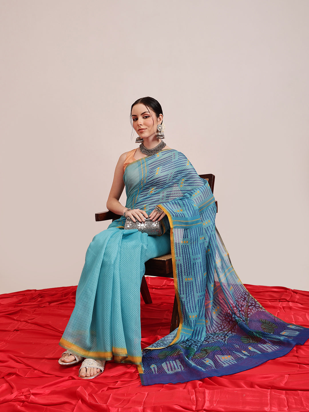 Teal Chanderi Cotton Blend Saree with Abstract Digital Print