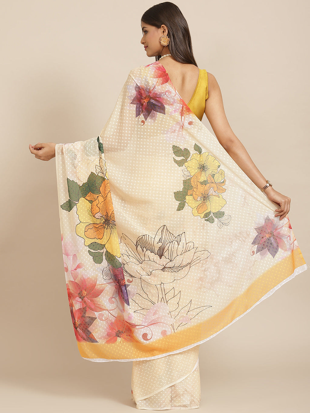 Cream Bollywood Chiffon Saree with Digital Floral Print