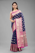 Blue Pure Silk saree featuring intricate gold zari animal motifs and matching unstitched blouse