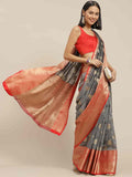Stylish gray pure silk saree with intricate floral zari weaving and matching blouse fabric