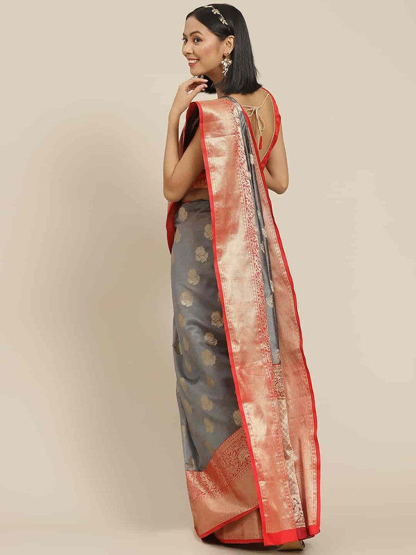 Gray Pure Silk Saree with Floral Woven Zari Design