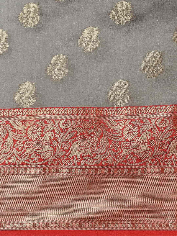 Gray Pure Silk Saree with Floral Woven Zari Design