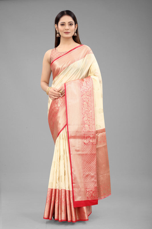 White pure silk saree featuring floral woven zari design with unstitched blouse piece
