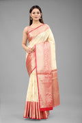White pure silk saree featuring floral woven zari design with unstitched blouse piece