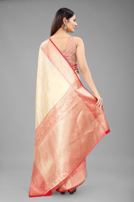 White Pure Silk Saree with Floral Woven Zari and Blouse Piece