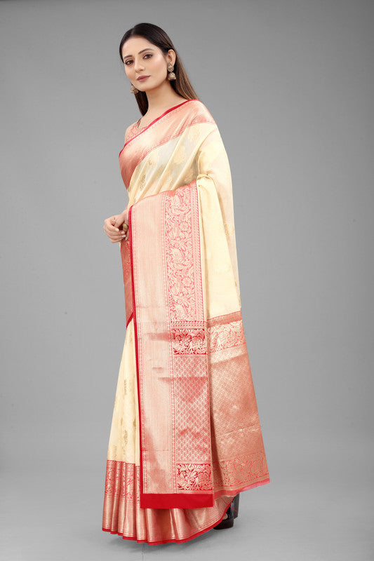 White Pure Silk Saree with Floral Woven Zari and Blouse Piece