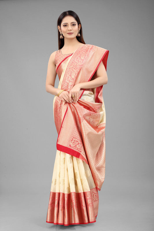 White Pure Silk Saree with Floral Woven Zari and Blouse Piece