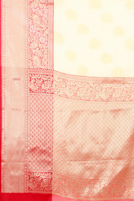 White Pure Silk Saree with Floral Woven Zari and Blouse Piece
