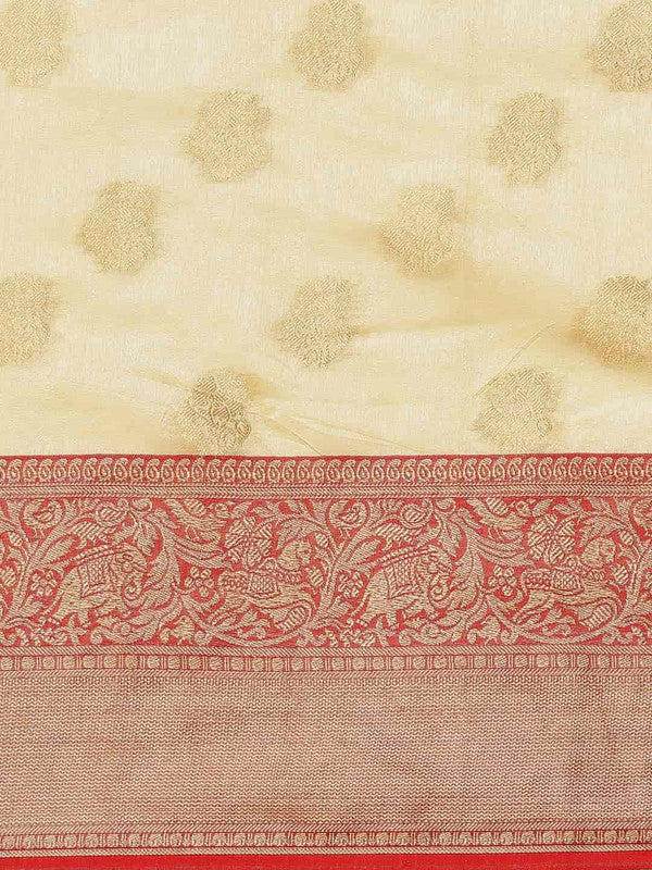 White Pure Silk Saree with Floral Woven Zari and Blouse Piece