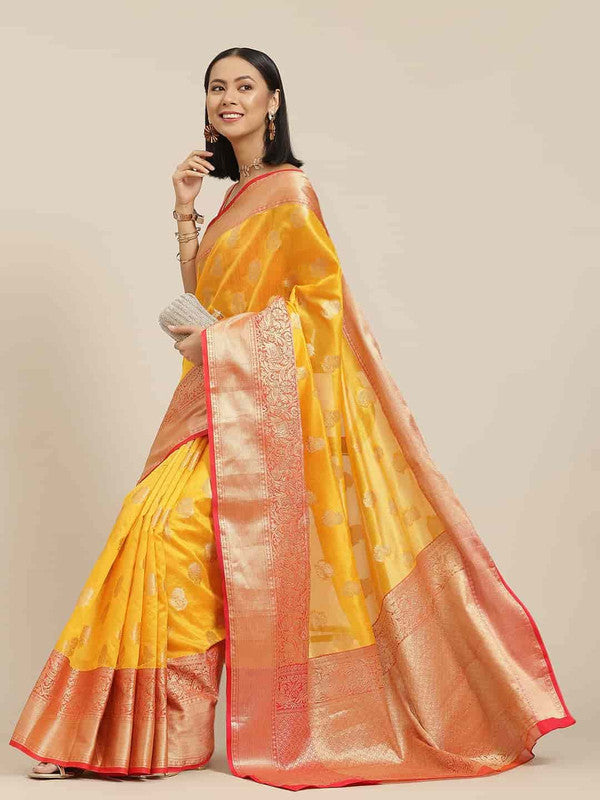 Bright yellow pure silk saree with elegant woven zari floral designs and matching blouse piece.