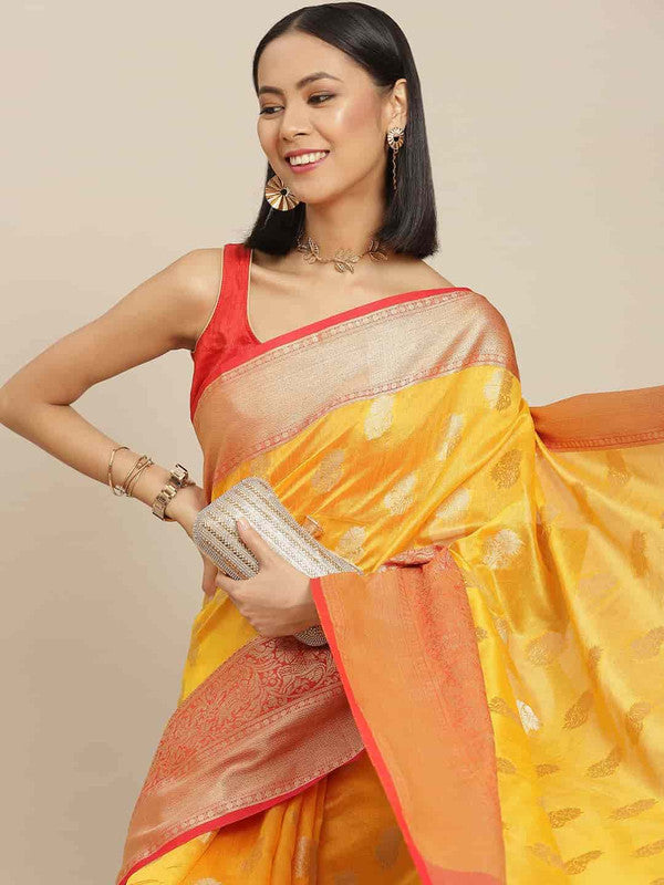 Yellow Pure Silk Saree with Woven Zari Floral Design