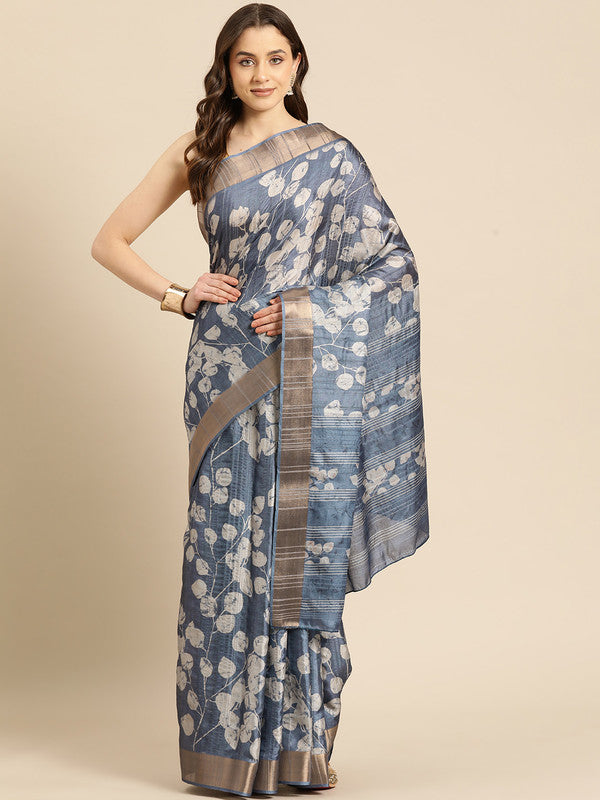 Blue floral digital print silk blend saree with unstitched blouse