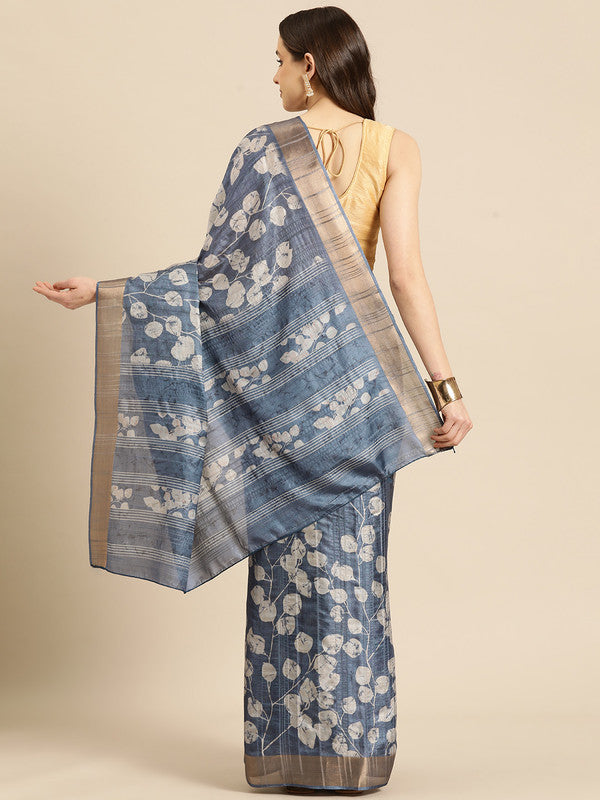 Blue Silk Blend Floral Digital Print Saree with Blouse Piece