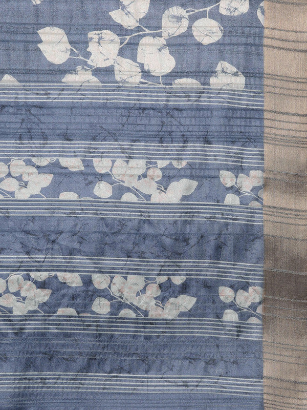 Blue Silk Blend Floral Digital Print Saree with Blouse Piece
