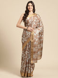 Brown floral digital print silk blend saree with unstitched blouse