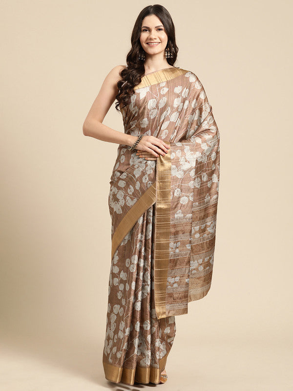 Brown floral digital print silk blend saree with unstitched blouse
