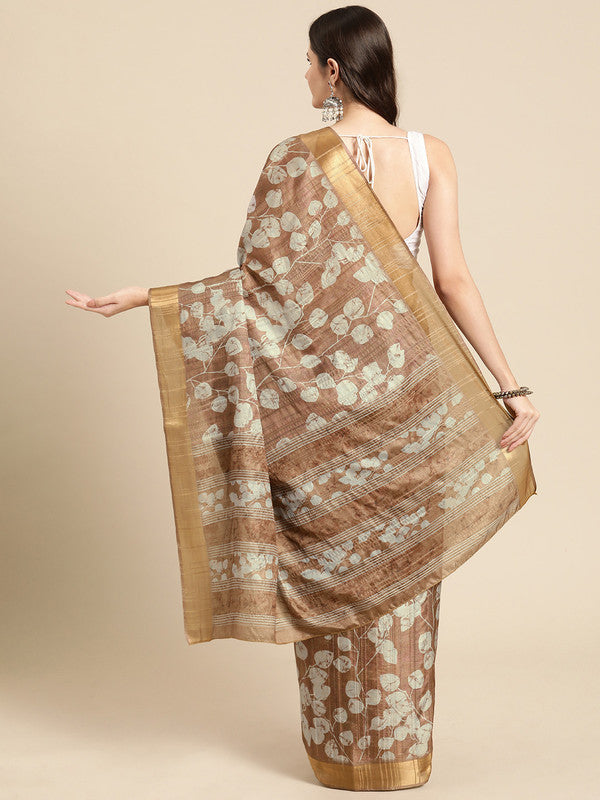 Brown Silk Blend Floral Digital Print Saree with Blouse Piece