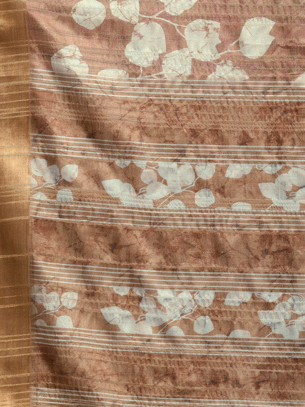 Brown Silk Blend Floral Digital Print Saree with Blouse Piece
