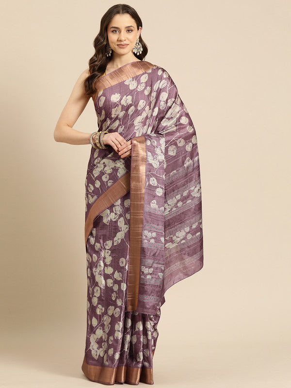 Purple silk blend saree with digital floral print and unstitched blouse piece