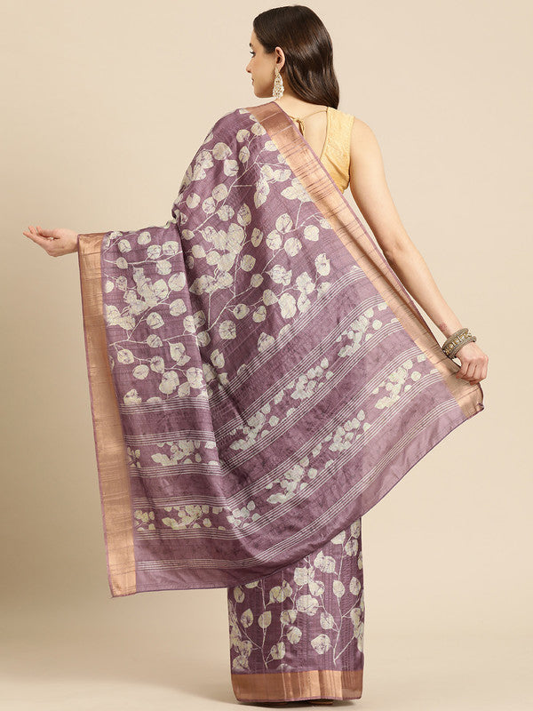 Purple Silk Blend Floral Digital Print Saree with Unstitched Blouse