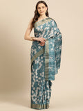 Turquoise silk blend saree with digital floral print and unstitched blouse piece