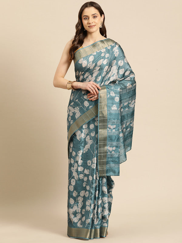 Turquoise silk blend saree with digital floral print and unstitched blouse piece