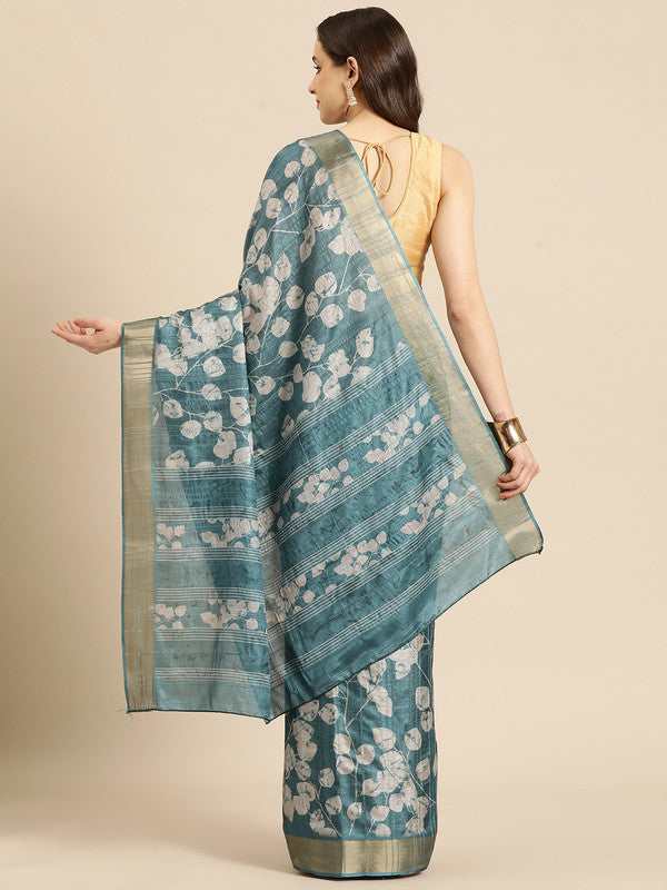 Turquoise Silk Blend Floral Digital Print Saree with Blouse Piece