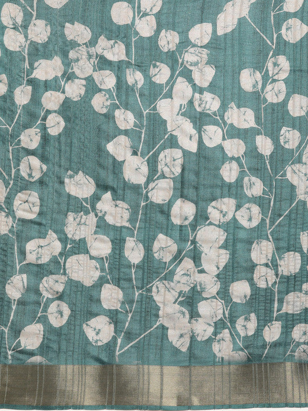 Turquoise Silk Blend Floral Digital Print Saree with Blouse Piece