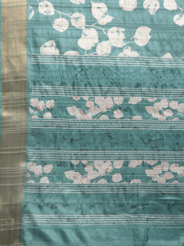 Turquoise Silk Blend Floral Digital Print Saree with Blouse Piece