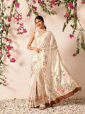 Beige Banarasi art silk saree with floral digital print