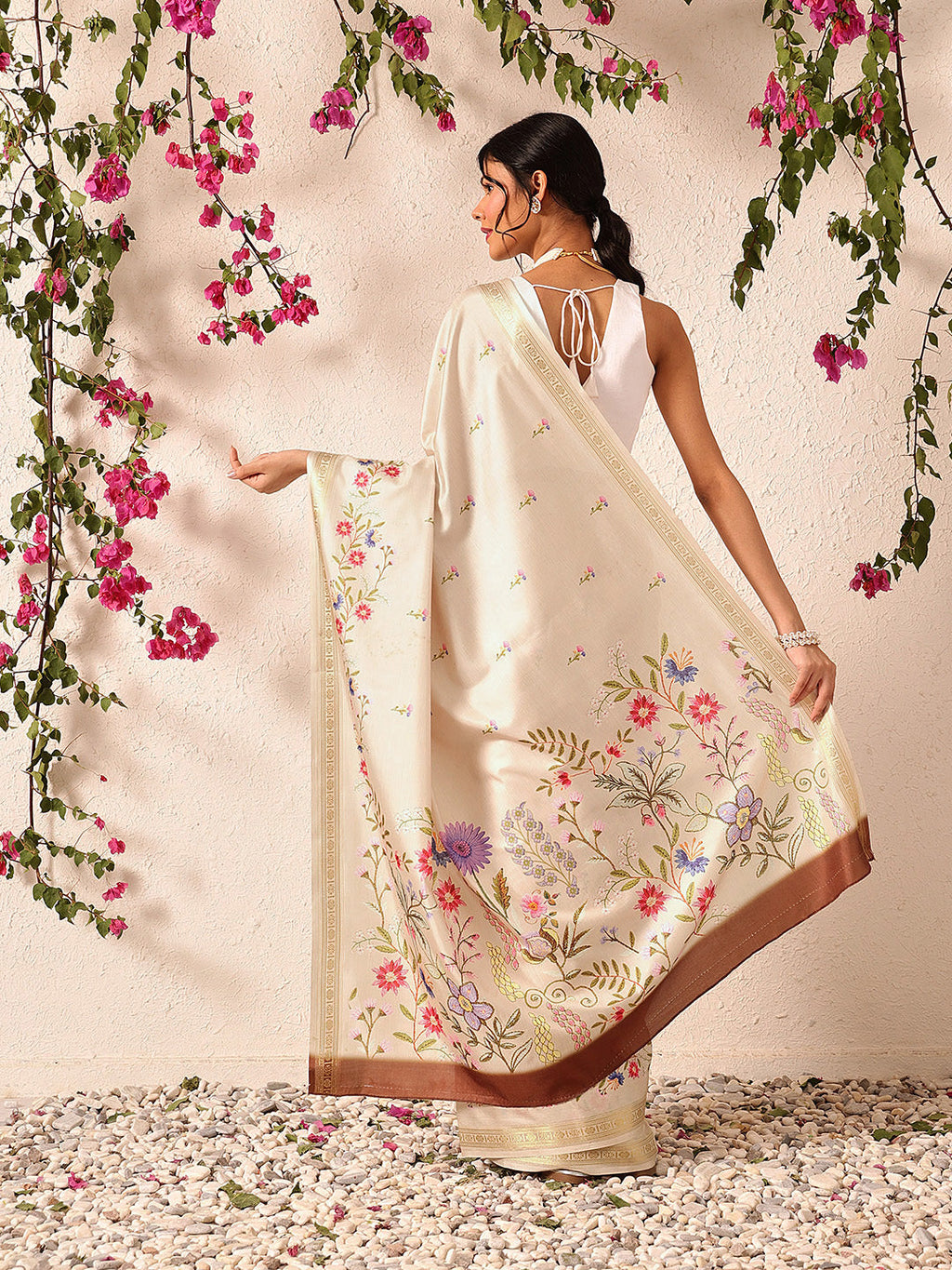 Beige Banarasi Art Silk Saree with Floral Digital Print