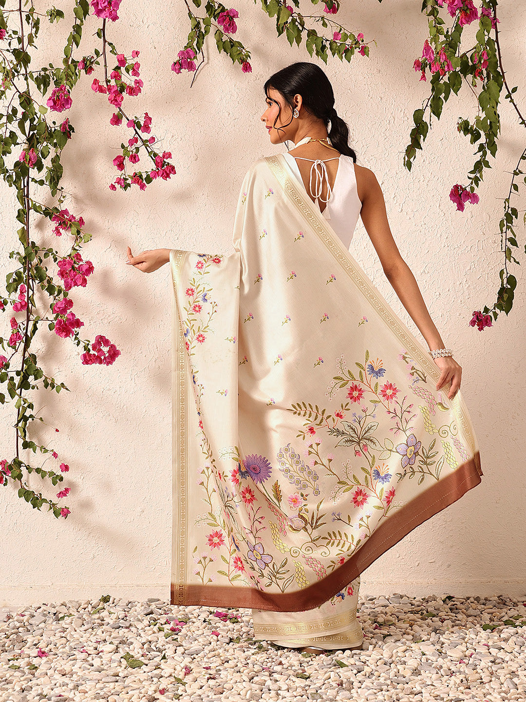 Beige Banarasi Art Silk Saree with Floral Digital Print