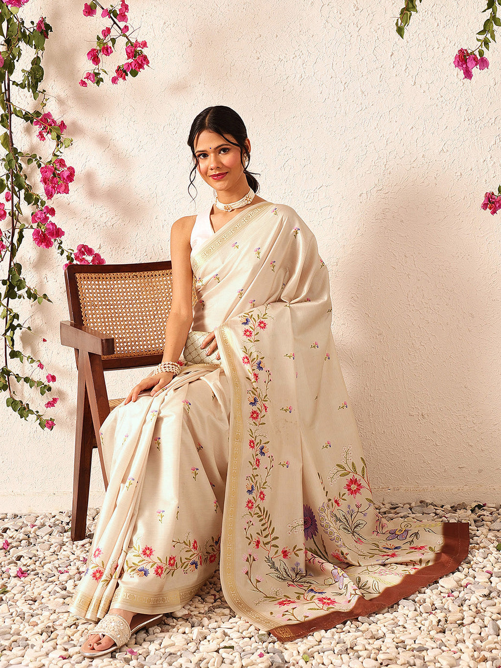 Beige Banarasi Art Silk Saree with Floral Digital Print