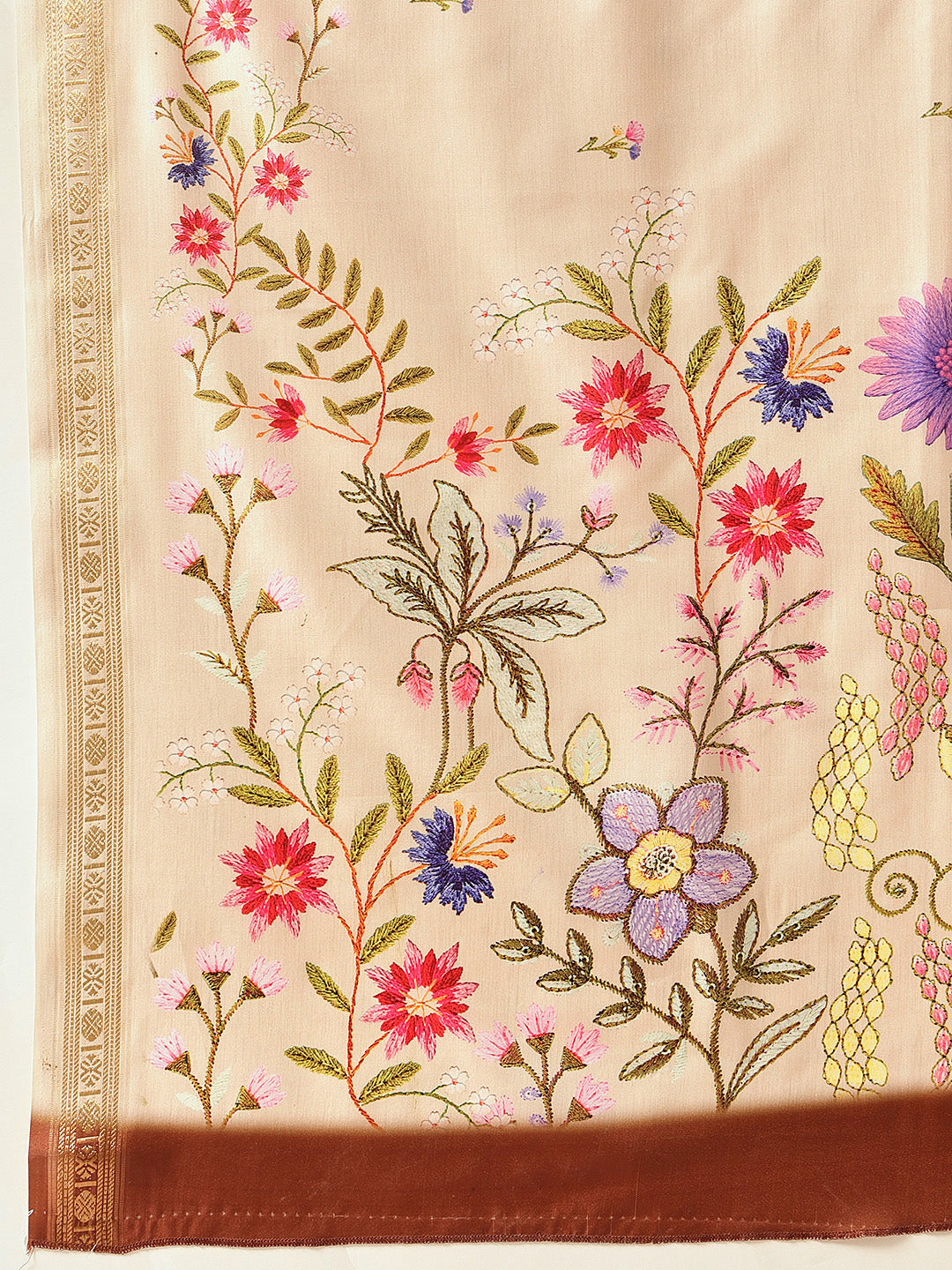 Beige Banarasi Art Silk Saree with Floral Digital Print