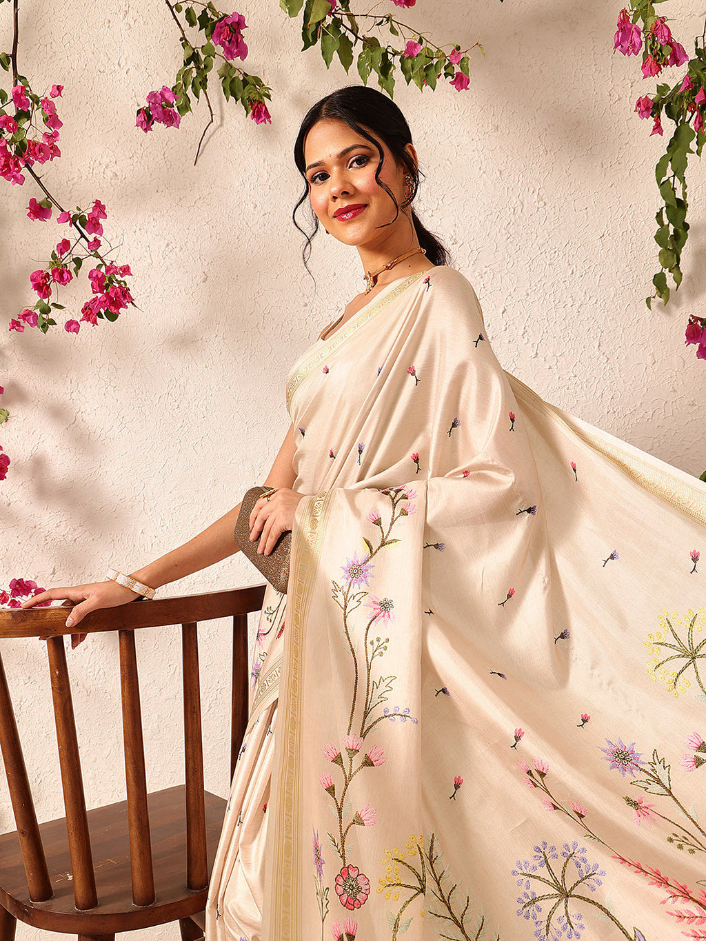 Beige Banarasi Art Silk Saree with Floral Digital Prints