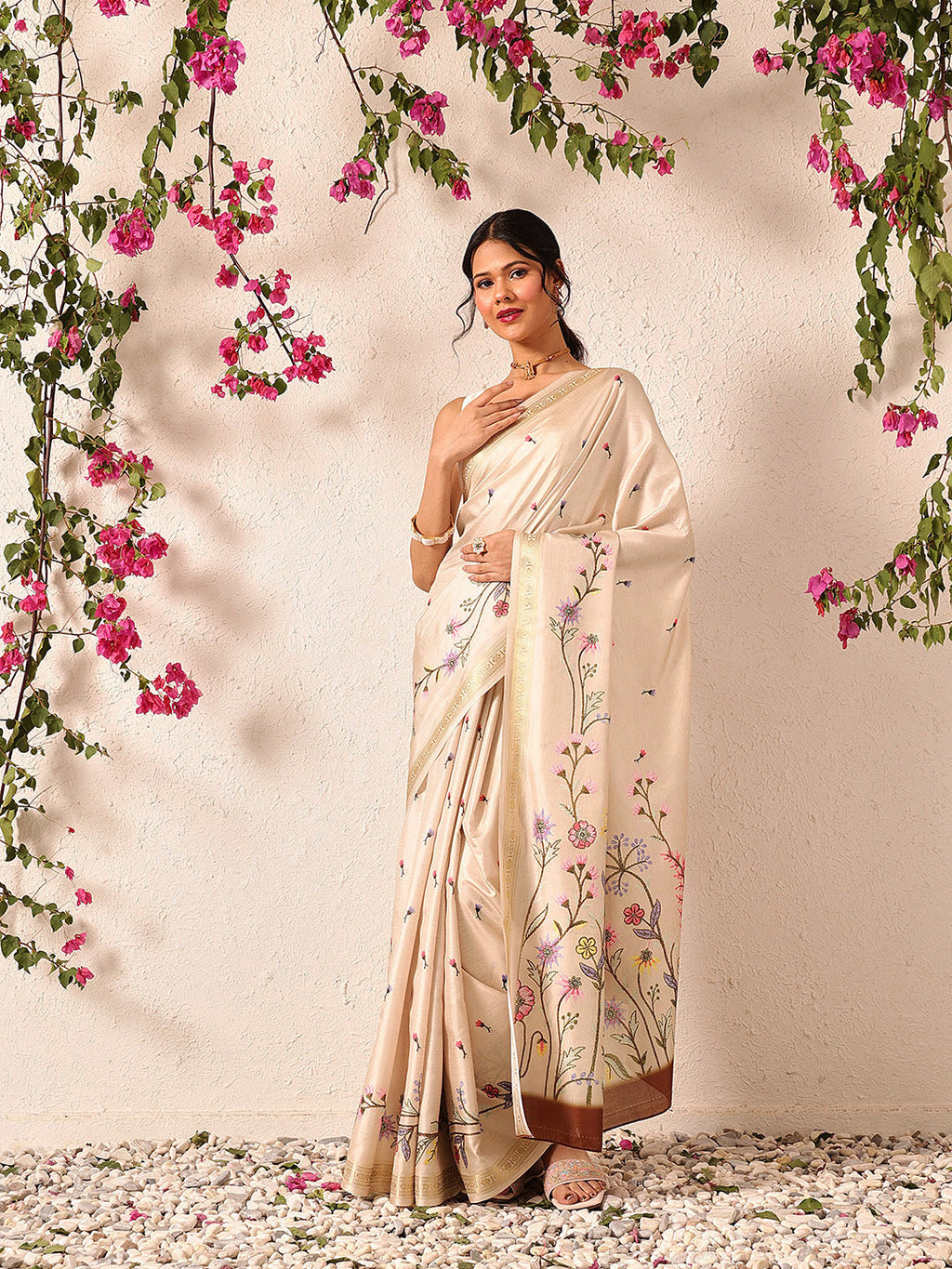Beige Banarasi art silk saree with floral digital print details